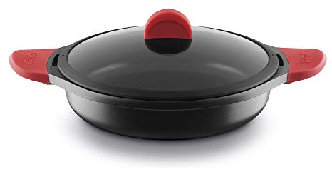 Castey Fundix Flache Kasserolle / 28 cm / mit Deckel 30 cm / Perfekte Wärmeverteilung / Sicheren und äußerst weichen Silikongriffe, Rot