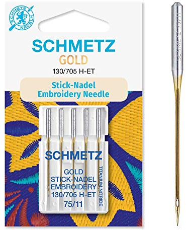 SCHMETZ | 5 Nähmaschinennadeln | Gold Stick (Embroidery) | 130/705 H-ET | Nadeldicke 75/11 | auf jeder gängigen Haushaltsnähmaschine und Haushaltsstickmaschinen einsetzbar