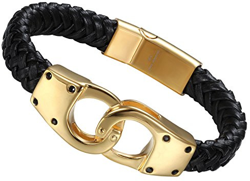 Flongo herr cyklist handbojor länk svart flätat läder surfare manschett armband, 22 cm, 8.7 inch, Läder