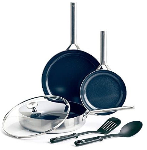 Blue Diamond Cookware Triple Steel Stainless Steel Ceramic Nonstick 6-Piece Cookware Pots and Pans Set, Includes Frying Pan Skillets Utensils, Tri-Ply, PFAS-Free, Multi Clad,Induction,Oven Safe,Silver