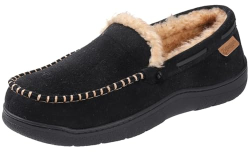 Zigzagger Men's Moccasin Slippers Memory Foam House Shoes, Indoor and Outdoor Warm Loafer Slippers, Black, 9 M US