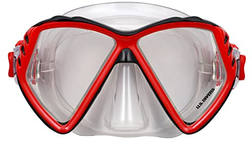 U.S. Divers Regal Jr Kids Snorkel Mask - Adjustable 2-Window Mask, Leak-Free Customized Fit, Shatter-Resistant Lens - Play Series | Unisex Children, Ages 4+, Black/Red