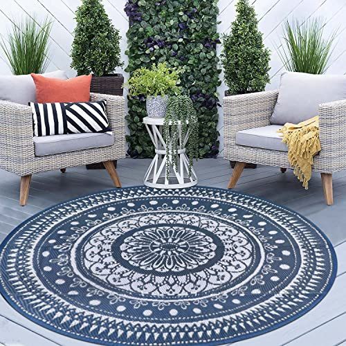 Cekene Round Outdoor Rug Waterproof 150cm Blue Reversible Garden Rug Plastic Easy Clean Area Floor Mat for Outdoors Patio Garden RV Trailer Backyard Deck Picnic
