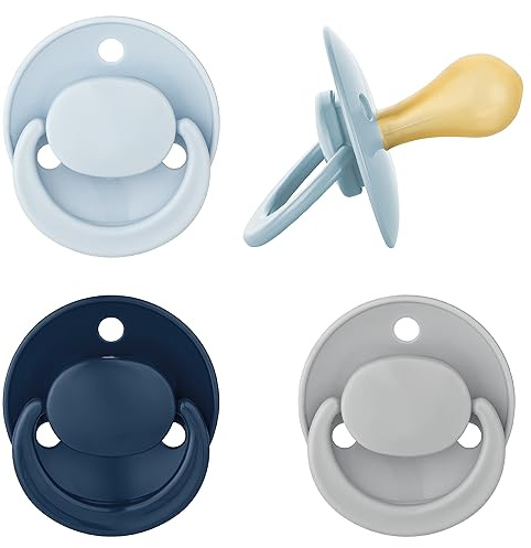 babynova Latex Baby Schnuller 4er-Set mit Kirschform – Für Babys von 0-24 Monate - Nuckel aus Naturkautschuk – BPA-frei – Made in Germany - Blau & Grau