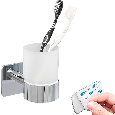 bremermann Set de baño Lucente Tape – Portavasos, vaso para cepillos de dientes autoadhesivo de cristal y acero inoxidable, cromado, sin agujeros, fijación adhesiva 3M