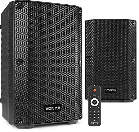 Vonyx VSA08BT Active PA Speaker System Pair with 8-Inch Woofers, Bluetooth Audio Streaming, Built-in Amplifier, 500W Power, DJ & Live Event Speakers