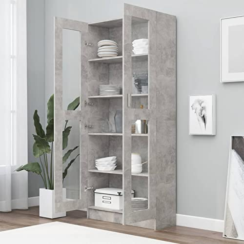 Homgoday Vetrina in vetro, vetrina per soggiorno, credenza, cucina, ufficio, armadio per documenti, con 5 ripiani, 2 porte in vetro, 82,5 x 30,5 x 185,5 cm, grigio cemento