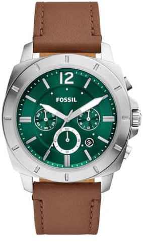 Fossil Herren-Armbanduhr Analog Quarz mit Lederarmband BQ2821, grün/braun, modern, Grün/Braun, Modern