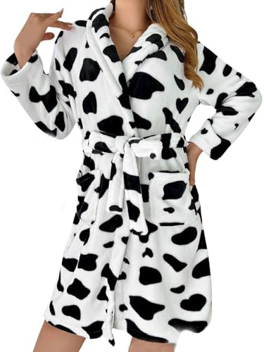 codcm Accappatoio da donna in pile felpato stampato soffice soffice e caldo accappatoio doccia spa Housecoat, Mucca, Small