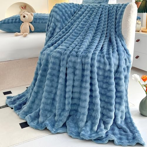 WONGS BEDDING Kuscheldecke Flauschig - Bubble Decke, Wolldecke & Fleecedecke, Sofadecke, agesdecke, Decken Weiche Warme für Zimmer Deko, Wohn- & Kuscheldecken, Tagesdecke, Blau, 150x200 cm