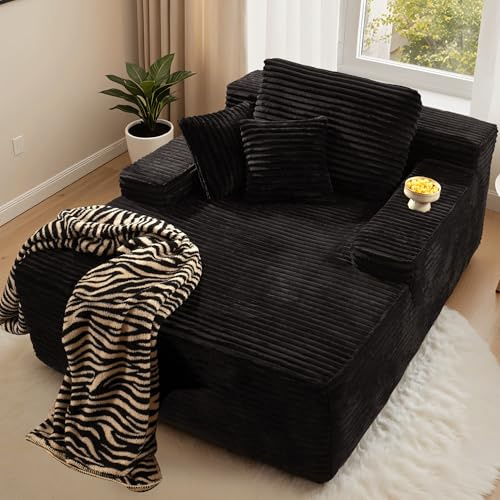 ovios 67'' Chaise Lounge Chair Indoor, Oversized Upholstered Sofa Bed, Sleeper Couch Reading Chairs Fluffy Plush Faux Fur Cloud Sofas Couches for Living Room, Black