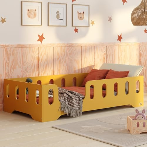 smartwood Golvsäng 80x180 Gul - Montessori Barnsäng i trä med FSC-certifikat - TILA 2L med fallskydd och ribbotten, belastningsbar upp till 230 kg - Enkel montering