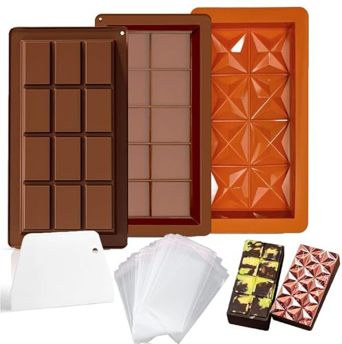 Deep Chocolate Moulds, 3 Pcs Silicone Chocolate Bar Mould Big Chocolate Bar Mold Making Kit with 100 Pcs Bags + 1 Scraper