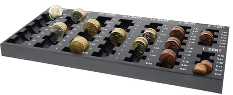 Münzzählbrett, 8 Fächer mit Ableseskala, für alle Euro und Cent Münzen - Zählbrett für Münzen, Münzsortierer, Münzbrett, Geldzählbrett, Kleingeld Sortierer - 33,0 x 18,5 x 2,0 cm