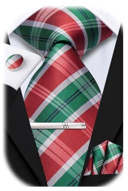 Hi-Tie Cravates en soie pour homme Rose Bleu Noir Ensemble de 4 cravates Poche de costume Boutons de manchette Clip Épingle pour mariage, Rouge, vert, blanc., M