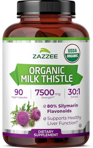 Zazzee USDA Organic Milk Thistle 30:1 Extract, 80% Silymarin, 90 Vegan Capsules, 3 Month Supply, Certified Kosher, High Potency Liver & Antioxidant Support, Silybum Marianum, Non-GMO, Made in the USA