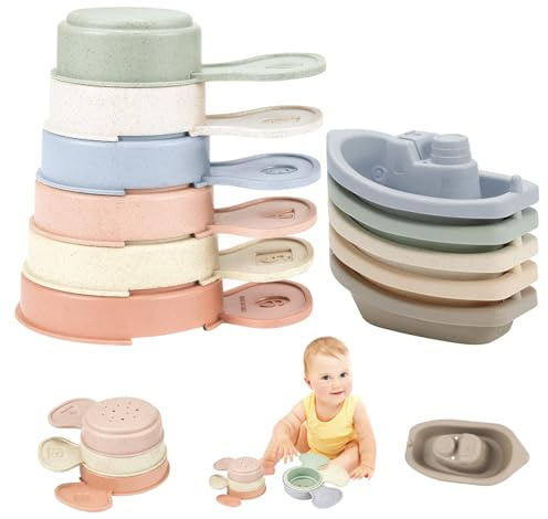 Toddler Bath Toys 11pcs / Set Baby Bath Toys Comprend 6 bateaux flottants ＆ 5 La louche de bain empilable avec des trous douche de piscine pour enfants pour bébé 6 mois +, jardin à la maison