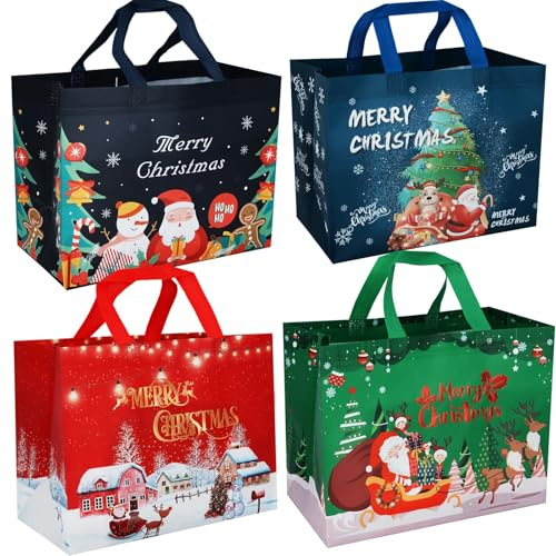Bolsas de Navidad para Regalo, 4 Bolsas de Navidad con asas, reutilizables, no tejidas, Bolsas de Compras, Decoraciones de fiesta, 32,5 x 25 x 17 cm