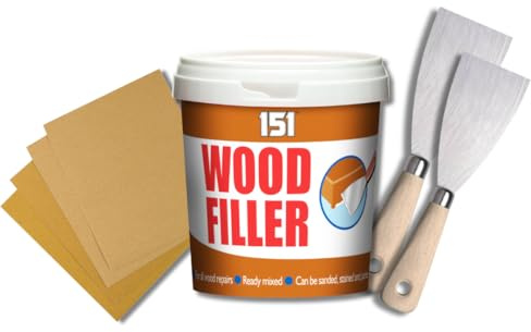 White Wood Filler 600g – Interior & Exterior Filler with 2 and 3 Metal Filling Tools and 4 Sandpapers (2 coarse, 2 Fine) Weather-Resistant Repairs for Indoor & Outdoor Wood.