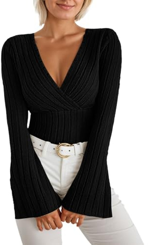 Genérico T-shirt en tricot côtelé ajusté pour femme avec manches longues effet enveloppant et col en V | Haut élégant style années 70, Noir , S