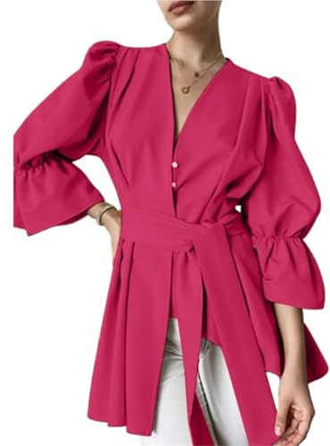 UJEDFHV Volangblus för kvinnor, enfärgad ledig blus i stor storlek för kvinnor, elegant, V-ringad, utsvängd ärm, volanger, för kontor, höst och fest, Mörk rosa, Ett Storlek