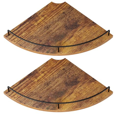 FNBAR Corner Floating Shelves, Rustic Brown Wood, Set of 2, Wall Mount Storage with Guardrail for Bathroom Kitchen Living Room