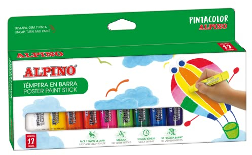 Alpino 12 Solid Tempera für Kinder | Stangentempera | Schulbedarf | Farben für Kinder in lebhaften Farben | Mischbare Farbe | Schnell trocknend | Temperafarben