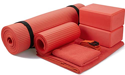 BalanceFrom GoYoga 7-teiliges Set – Yogamatte mit Tragegurt, 2 Blöcke, Matten-Handtuch, Handtuch, Gurt und Knieschoner (Rot, 1,27 cm Dick)