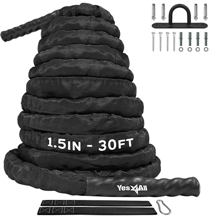 Yes4All Unisex-Erwachsene LDKA Strap-30ft Battle Rope Fitnessseil 1,5 Breite, Mit Schutzhülle-Anker, 38mm-9m