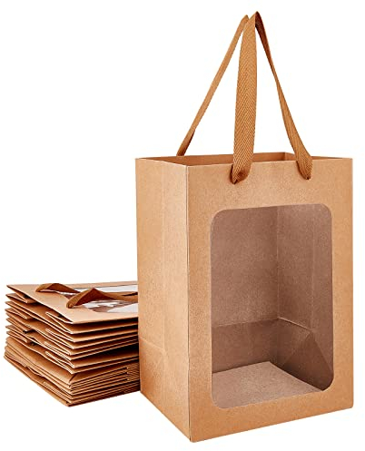BENECREAT 10 Packungen Brown Kraftpapier Geschenktüten mit Fenster 25x18x13cm Papier Einkaufstaschen Einzelhandelstaschen für Partybevorzugung, Blumensträhne, Lebensmittellagerung und mehr