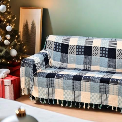 DECMAY Chenille Jacquard Boho Throw Blanket with Tassels, Throw for 2 3 4 Seater Sofa, Tartan Blankets and Throws for Bedspreads Armchairs Furniture Bed Throw (Blue White, 220 x 260 cm)