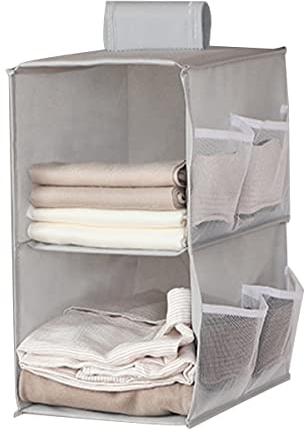 XiXiRan Schrank Organizer Hängend, 2 Fächer Kleiderschrank Organizer Hängend, mit 6 Netzseitentaschen, Faltbare Platzsparend Ordnungssystem für Zimmer - Grau