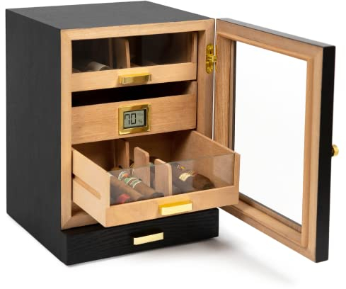 CASE ELEGANCE Armadietto Humidor Luca, Grandi Dimensioni, Portasigari per 80-100 Sigari, Legno di Frassino Nero Ricco, Igrometro Digitale, Cedro Spagnolo, Soluzione Humidor- Nero