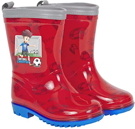 PERLETTI Botas de Agua Niños con Futbolista - Botines Impermeables Niño Rojo con Borde Reflectante - Bota Infantil Calzado Lluvia Nieve PVC con Suela Antideslizante Azul Flexible (Fútbol, 28/29)