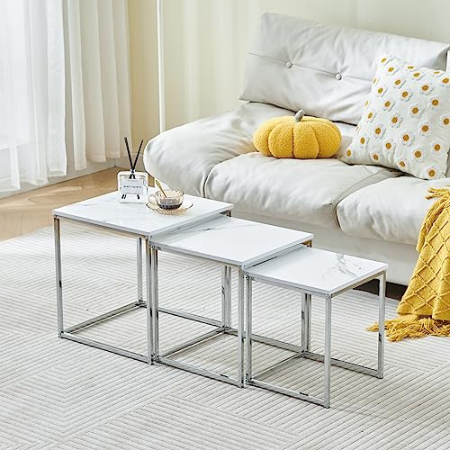 3er Set Verschachtelte Beistelltische Marmoroptik Nesting Couchtische Beistelltisch mit Metallgestell für Wohnzimmer Empfang Nachttische Stapelbar Beistelltische Lampentische (Weiß Marmor)