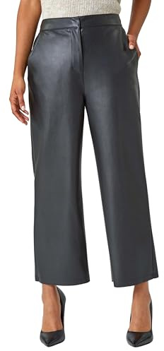 Roman Originals Faux Leather Wide Leg Crop Trousers for Women UK - Ladies Everyday Autumn Winter Comfy Soft Evening Vacation Work Party Night Out - Black - Size 18