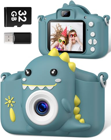 Kinderkamera, Gofunly Kinder Kamera 1080P 2,0-Zoll-Bildschirm Selfie Digitalkamera mit 32GB-Karte für 3-12 Jahre Jungen Mädchen Geburtstagsgeschenk Weihnachten Spielzeug Dunkelgrün Dinosaurier