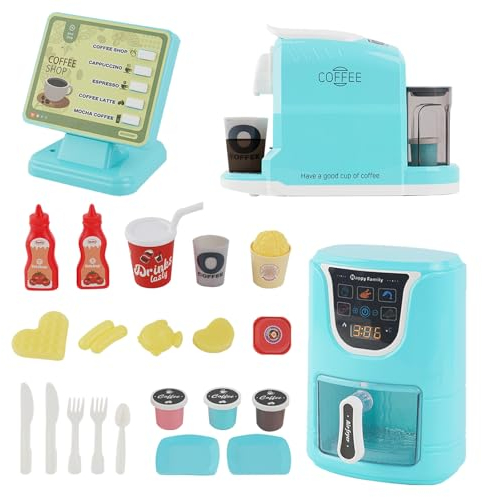 Heißluftfritteuse Spielzeug,Spielzeug Kasse & Kaffeemaschine Kinder,Realistisches Küchenzubehör Spielset,Sprechendes Musikalisches Kaochspielzeugset mit Farbwechselnden ,Toy Air Fryer Coffee Maker
