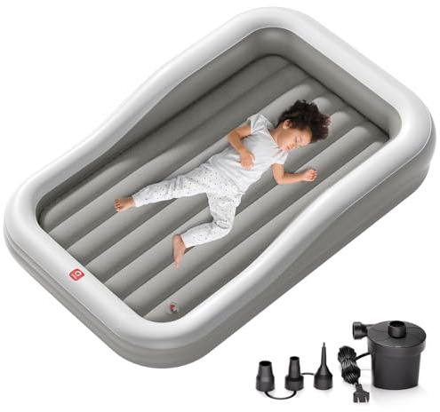 QPAU Cama inflable de viaje para niños, colchón de aire portátil para niños con parachoques integrados, bomba eléctrica rápida, diseño de colchón separado, agradable para el hogar, abuela, campamento