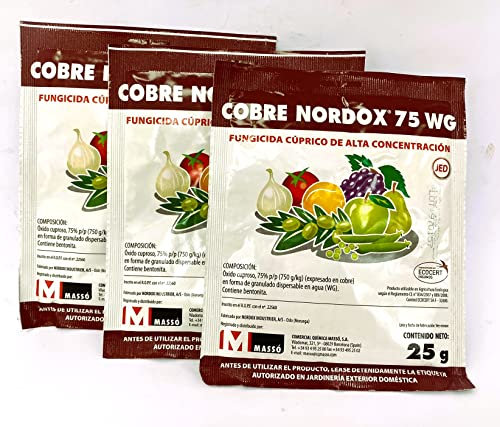 Fungicida Nordox cobre rojo de oxido cuproso 86.5% 75grs (25x3) Tratamiento 45ltrs. Contra repilo, mildiu y Antracnosis