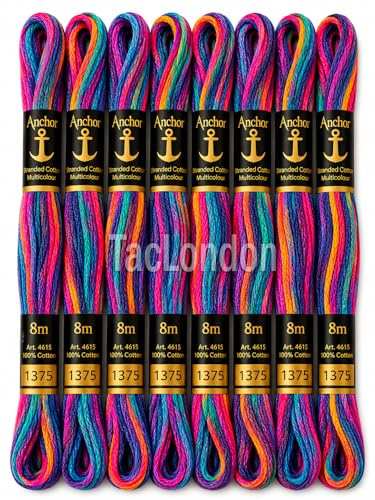 Pack of 12 Anchor Skeins Cotton Double Shade Magical Color Variations Floss Pack Six Strand Embroidery Variegated Cross Stitch Threads (1375 Multi Rainbow Shade)