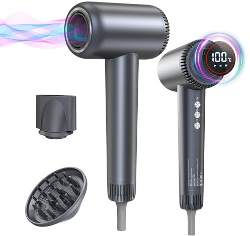 OYLCDI Hochgeschwindigkeits-Haartrockner, Fön, Föhn mit Diffusor, Stylingdüse & Halterung | 4 Temperaturstufen | 3 Gebläsestufen | 180.000 U/min Bürstenloser Motor | 200 Mio. Negative Ionen,Gray