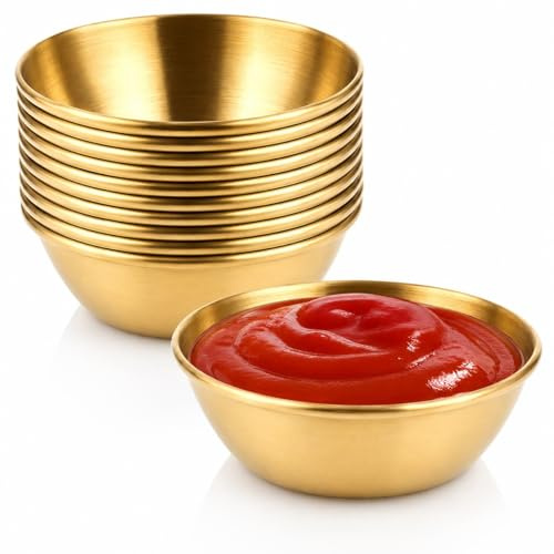 YAYODS Dipschalen Set 10 Stück - 120 ml Edelstahl goldfarben Ø 8,2 cm - stapelbare Saucenschälchen für Dips, Sushi, Tapas, Grillen & Snacks