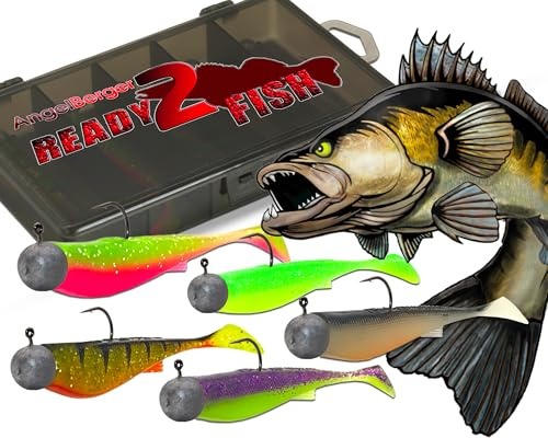 Wild Devil Baits Ready2Fish Smart Shad Zander mit Box Gummifisch Set mit Jighaken Kunstköder