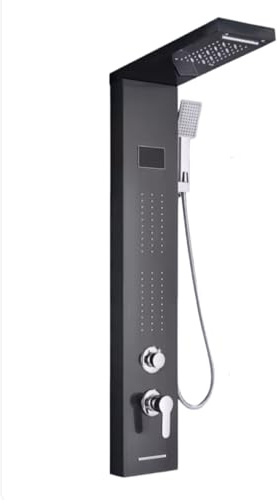 Pannello Doccia LED SPA con Cascata e Getti Massaggianti – Display Digitale Temperatura, Torre Doccia Multifunzione da Parete in Acciaio Inox per Bagno Moderno – (8011 Nero)