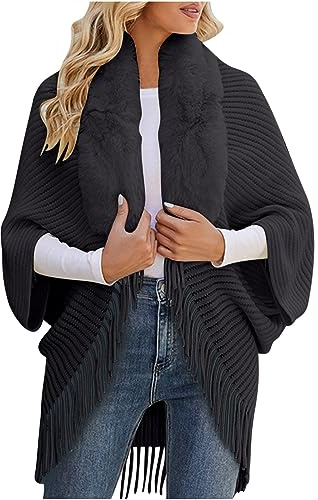 TURWXGSO Women Winter Knitted Shawl Poncho Faux Fur Collar Fringe Cape Knit Sweater Oversized Blanket Poncho Cape Long Sleeve Bohemian Cardigans Autumn Winter Warm Casual Festive Outerwear