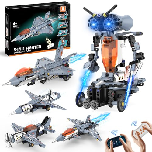 5 IN 1 Kit Construction Robot, 334PCS Jouet Construction Avion de Chasse avec 2.4GHz Application & Télécommande, Avion de Chasse Transformable STEM Jouet pour Enfant Garçon 6-12 Ans, Cadeau Noël