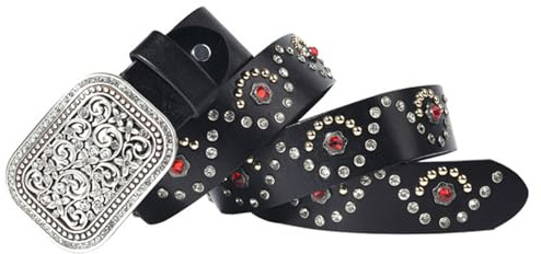 Nitbälte Med Punk - Röd Ädelstensnitt, Blomspänne, 38 Mm Brett Äkta Läder, Metallpunknit For Män Och Kvinnor(Black,105cm/waist:34~36)