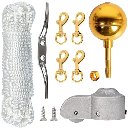 Sistemas de mantenimiento de poleas de hardware para asta de bandera para exteriores con cuerda de 50 pies para postes de 2 a 2.6 pulgadas de diámetro, accesorios de bandera meteorológica