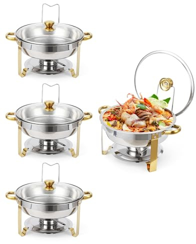 RBFGYIOP Set di 4 Chafing Dish Rotondi in Acciaio Inox 5/6QT - Coperchio in Vetro Visibile - Perfetti per Buffet, Catering, Feste - Bordo Dorato - Set Quattropezzi Pezzi Gold Edge